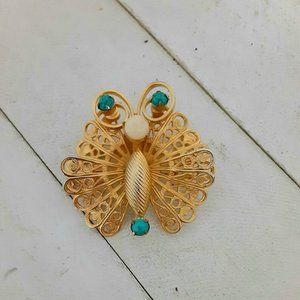 Gold and Turquoise Filigree Butterfly Brooch - Vintage Insect Pin